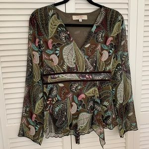 Sheer, lined body, Como petite LG, velvet trim at bodice, ties in back, med fit